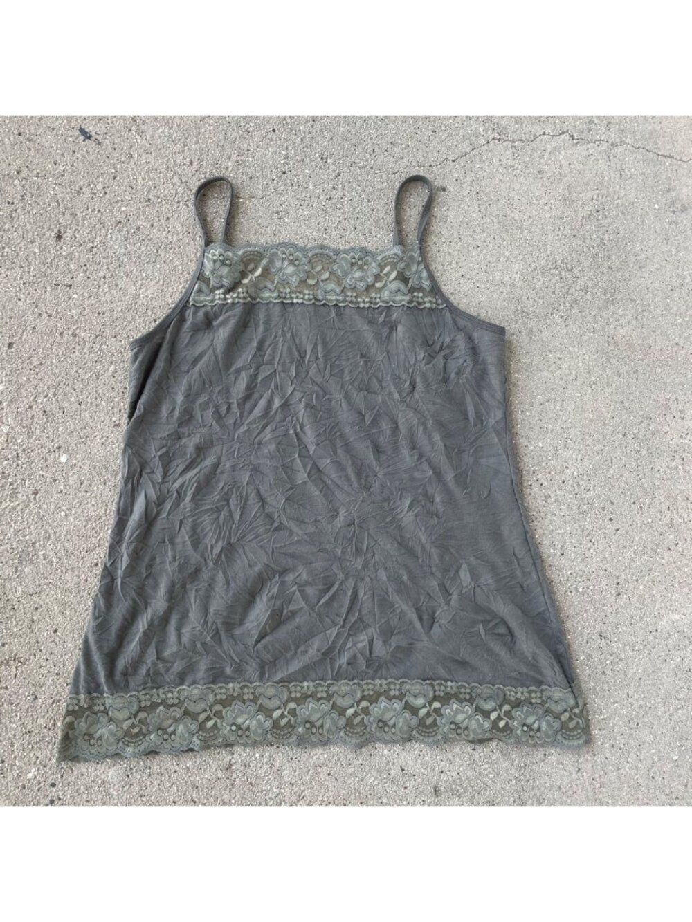 Y2K Lace Crinkle Cami Plus Size 2X XXL Olive Green Top Fairy Coquette Boho Layer